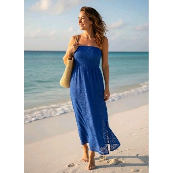 Lilly Pulitzer Strapless Crochet Maxi Dress Sz S Purple Summer Beach Vacation - Picture 2 of 11